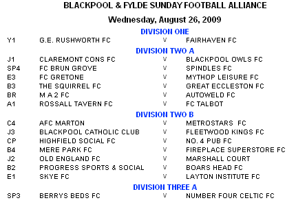 Fixtures - Week beginning August 24th 2009. BFSFA Fixtures 26 August 2009