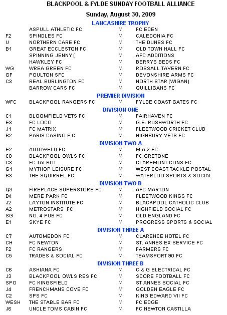 Fixtures - Week beginning August 24th 2009. BFSFA Fixtures 30 August 2009