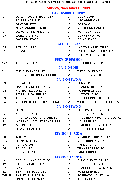 BFSFA Fixtures 8 November, 2009