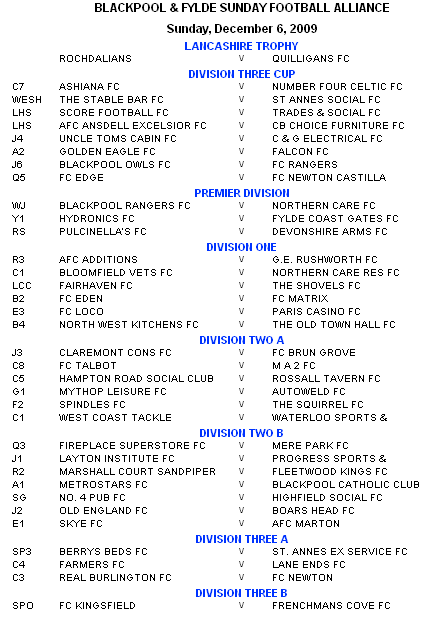 BFSFA Fixtures, 6 December 2009